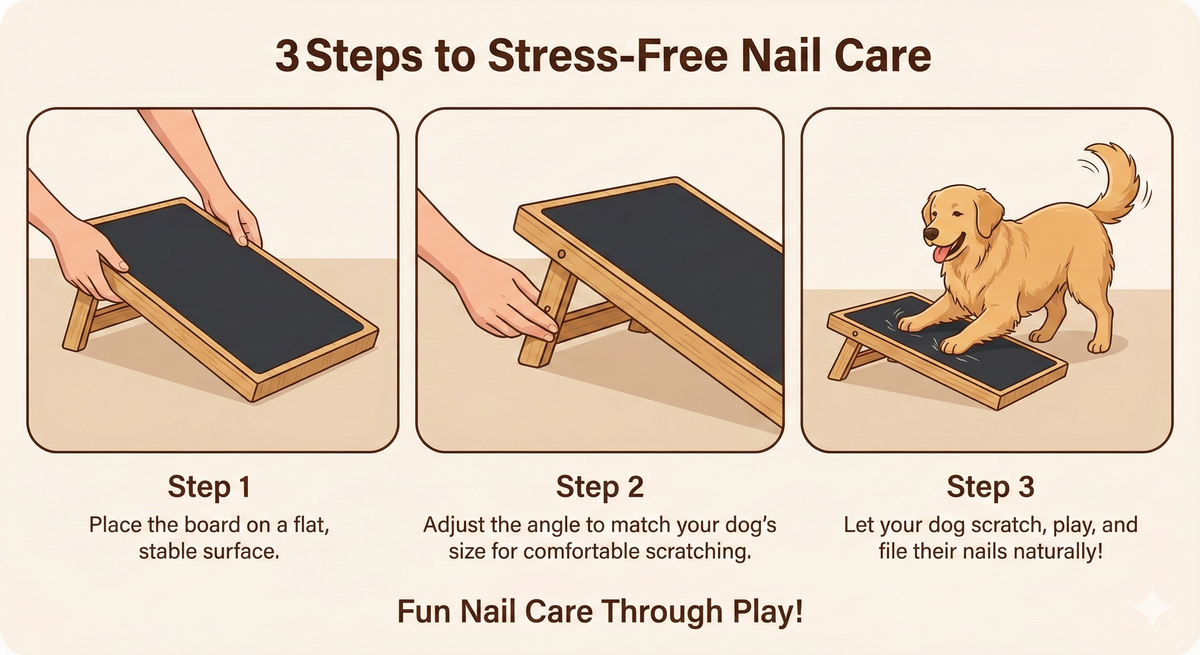 Bamboo Dog Nail Scratch Board Adjustable Non Slip Nail Filing Ramp for Dogs, Includes Extra Sandpaper, Natural Stress Free Alternative to Nail Clippers & Grinders