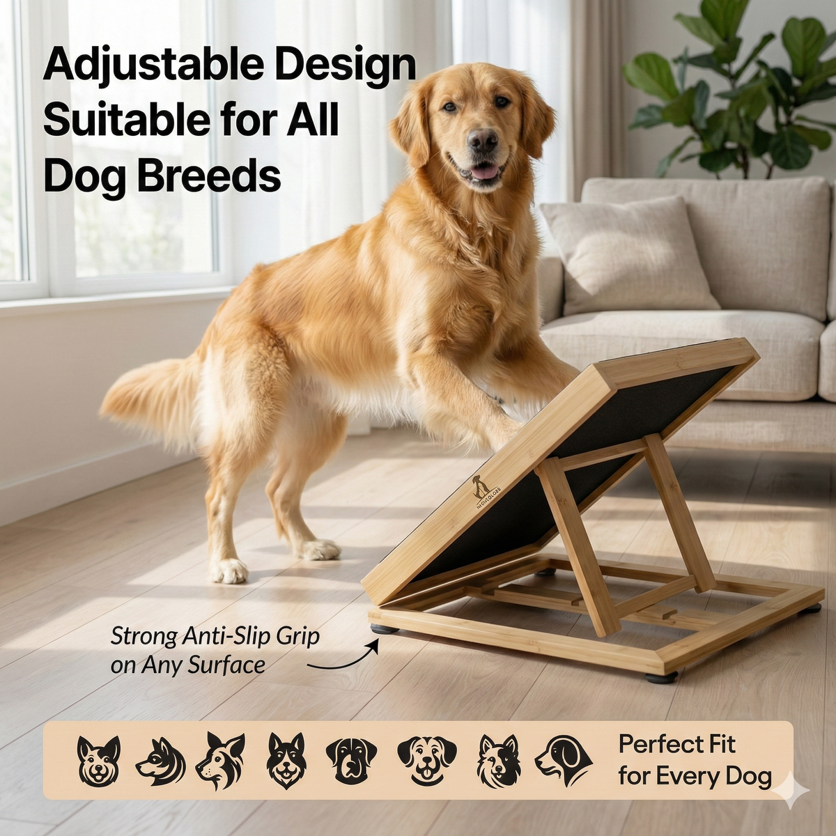 Bamboo Dog Nail Scratch Board Adjustable Non Slip Nail Filing Ramp for Dogs, Includes Extra Sandpaper, Natural Stress Free Alternative to Nail Clippers & Grinders