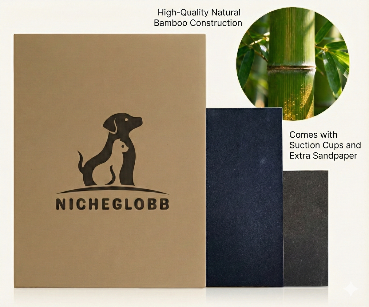 Bamboo Dog Nail Scratch Board Adjustable Non Slip Nail Filing Ramp for Dogs, Includes Extra Sandpaper, Natural Stress Free Alternative to Nail Clippers & Grinders